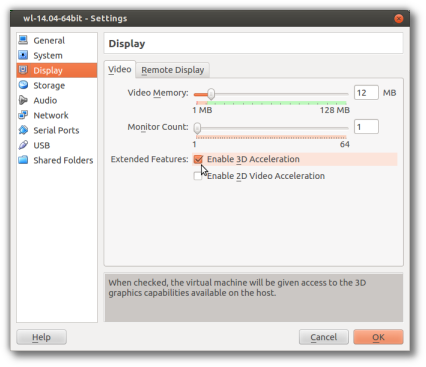 VirtualBox 3D Settings